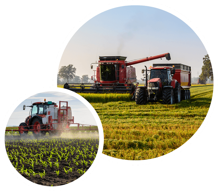 Chemical Sprayer in Field and Combine transporting hay to Tractor Trailer